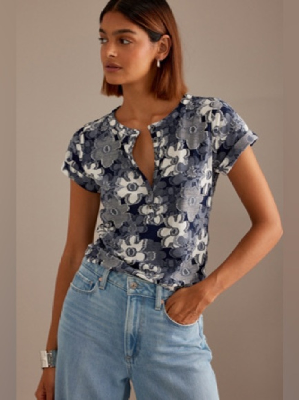 Pilcro The Andie Blue Floral Ribbed Henley Top Size M
